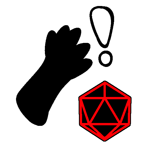 A hand reaching for an exclamation point with a red d20 in the corner.